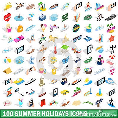 100 summer holidays icons set, isometric 3d style Vector Illustration