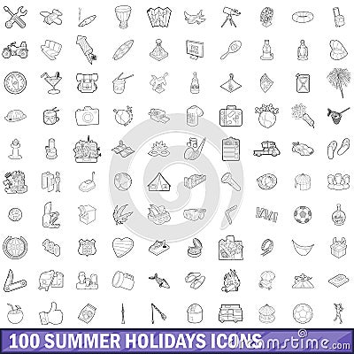 100 summer holidays icons set, outline style Vector Illustration