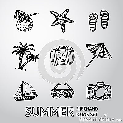 Summer holidays monochrome freehand icons set Vector Illustration