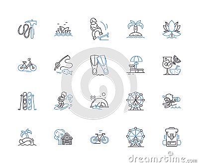 Summer holidays outline icons collection. Sun, Vacation, Heat, Enjoyment, Coconut, Swimming, Sea vector and illustration Vector Illustration