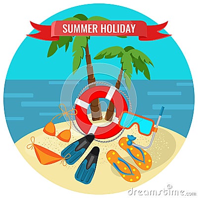 Summer holidays poster with tropical island and travelling accessories Vector Illustration