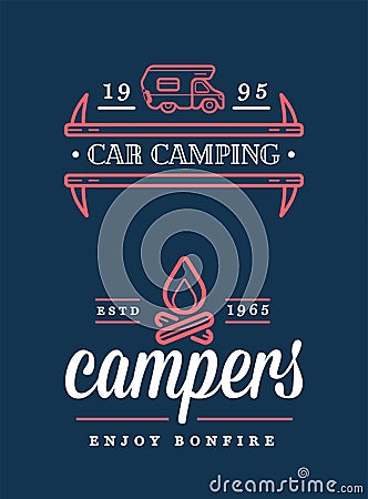 Summer Holidays with Rv Car Home and Bonfire. Vector. Concept for shirt or patch, print, stamp or tee Vector Illustration