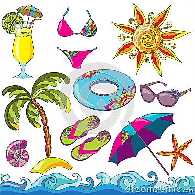 Summer holidays seaside beach icons set. Vector Illustration