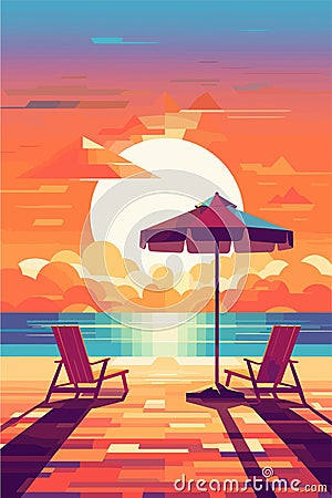 Summer holidays. Sunny umbrella with sun loungers on a sandy beach. Vector Illustration