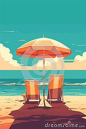 Summer holidays. Sunny umbrella with sun loungers on a sandy beach. Vector Illustration