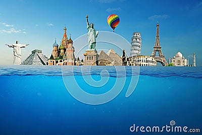 Summer holidays and travel, creative idea. Landmarks Statue of Liberty, Elf Tower, Moscow, Rome Colosseum, Church and Pyramids of Editorial Stock Photo