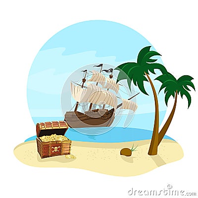 Summer holidays travel icon with pirate ship, coconut tree, treasure chest and beach Vector Illustration