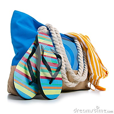 Summer holidays, vacation and travel concept. Beach handbag travel, flip flops Stock Photo