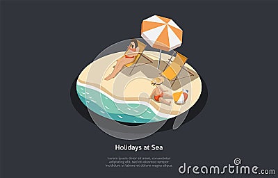 Summer Holidays And Vacations Concept. Female Character Tans On The Beach On A Sun Lounger. Baby Plays With A Ball Close Vector Illustration