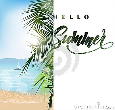 Summer holidays vector illustration. Beach, palm trees beautiful panoramic sea view, with clean water blue sky. Vector. Vector Illustration