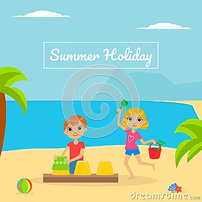 Summer Holliday Banner Template with Cute Boy and Girl Playing on Tropical Beach Vector Illustration Vector Illustration