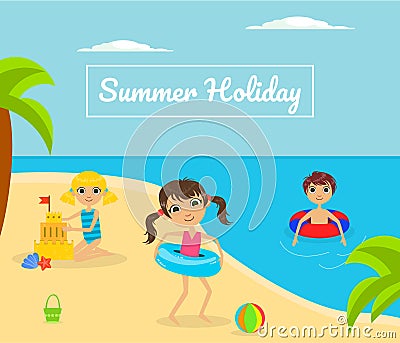 Summer Holliday Banner Template with Cute Kids Playing on Tropical Beach Vector Illustration Vector Illustration