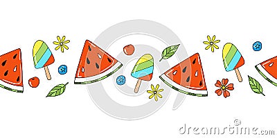 Summer horizontal vector border with cute watermelon, cherry, blueberries and ice cream Vector Illustration