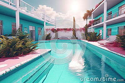 Summer hotel with pool in vaporwave style, pink and blue colors. Generated AI. Stock Photo