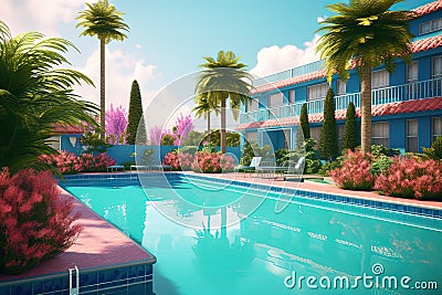 Summer hotel with pool in vaporwave style, pink and blue colors. Generated AI. Stock Photo