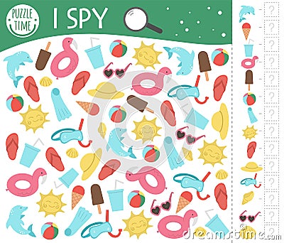 Summer I spy game for kids. Beach holiday searching and counting activity for preschool children with cute elements. Funny sea Vector Illustration