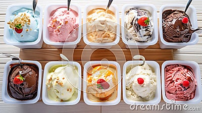 Summer ice cream buffet with a variety of flavors and sweet toppings. Generative AI Stock Photo