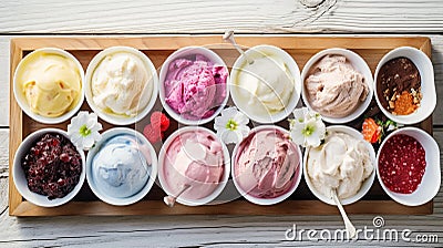 Summer ice cream buffet with a variety of flavors and sweet toppings. Generative AI Stock Photo