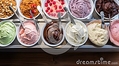 Summer ice cream buffet with a variety of flavors and sweet toppings. Generative AI Stock Photo