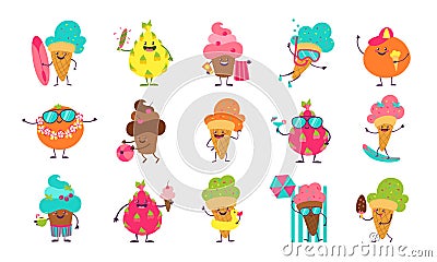 Summer ice cream stickers. Funny doodle desserts and fruits with cute faces doing summer activities. Vector elements for Vector Illustration