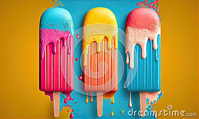 Summer ice lolly popsicle colorful melting ice cream, generative AI Cartoon Illustration