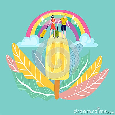 Summer icecream concept, happy couple man and woman on vacation walking under rainbow cartoon flat vector illustration. Vector Illustration