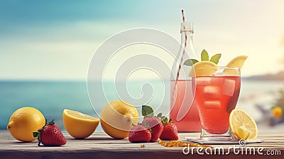 Summer iced cold drink with strawberry and lemon. Generative AI Stock Photo