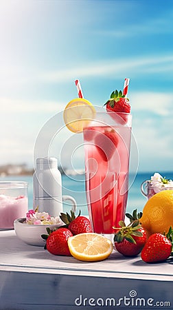 Summer iced cold drink with strawberry and lemon. Generative AI Stock Photo