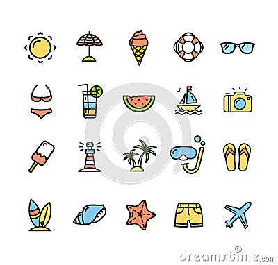 Summer Icon Color Thin Line Set. Vector Vector Illustration