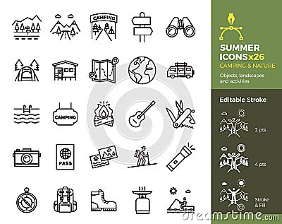 Summer icons, Camping and Nature. Objects, landscapes and activities. Vector thin line illustration. Easily editable stroke Vector Illustration