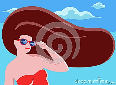 Summer illustration with beautiful young woman with red sunglasses and swimsuit. Banner large rectangle vector holidays concept Cartoon Illustration