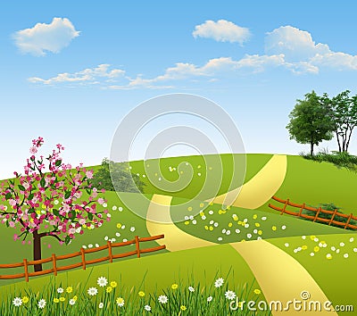 Summer illustration of a field and a fence Stock Photo