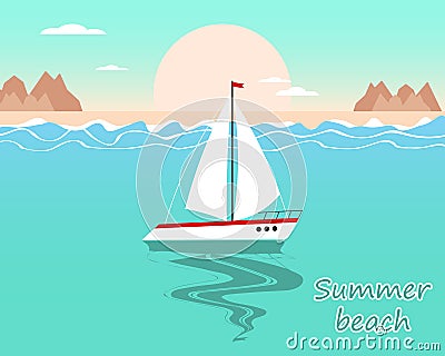 Summer illustration, seascape with a white yacht, mountains at sunset or sunrise. Pastel colors. Print, clip art Vector Illustration