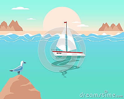 Summer illustration, seascape with white yacht, seagull, mountains at sunset or sunrise. Pastel colors. Print, poster Vector Illustration