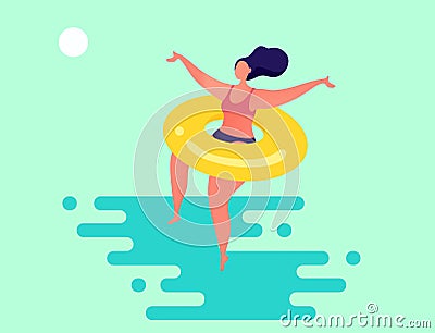 Summer illustration with stylized woman jumping in the water Cartoon Illustration
