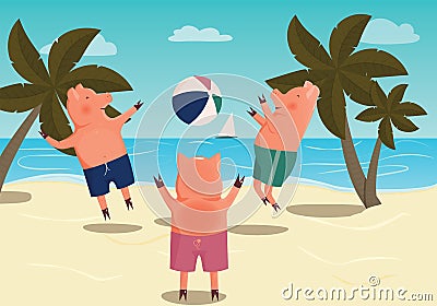 Summer illustration of three pigs playing ball. Vector Illustration
