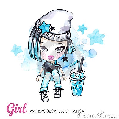 Summer illustration. Watercolor card grunge girl with lemonade. Teenagers. Have fun. Cartoon Illustration