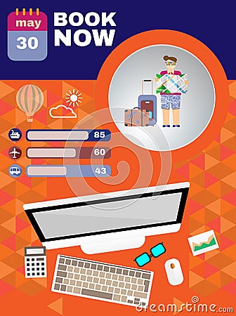 Summer infographic, with book now text, computer and travel accessories Vector Illustration