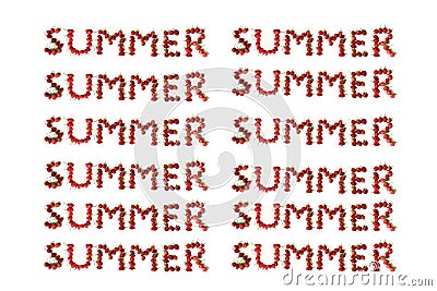 Summer inscription, lined from strawberries on a white background, top view. pattern. Stock Photo