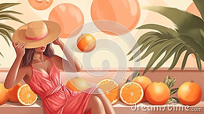 a summer inspired cool and modern logo banner design, woman next to fruits, ai generated image Stock Photo
