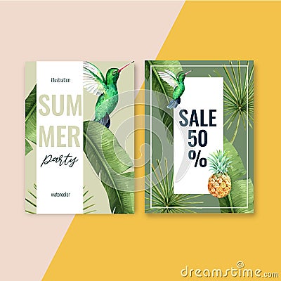 Summer Invitation card design holiday party on the beach sea sunshine, creative watercolor vector illustration design Cartoon Illustration