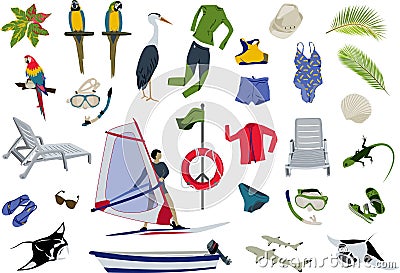 Summer items big set on white background. Holiday season design elements. Hand drawn collection. Swim wear, active Vector Illustration