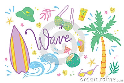Summer items set. Groovy y2k positive vector design. Wave quote lettering Vector Illustration