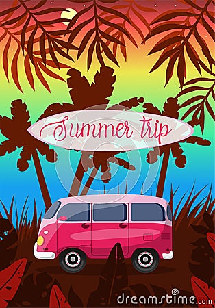 Summer journey on a pink van vector image Stock Photo