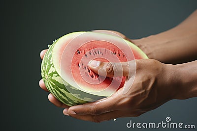 Summer joy mens hands embrace a watermelon on white canvas Stock Photo