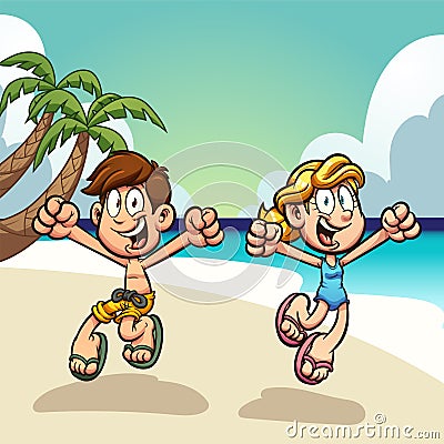 Cartoon kids enjoying summer vacations on the beach Vector Illustration