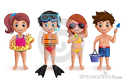 Summer kids vector characters set. Boys and girls playing in beach doing outdoor activities Vector Illustration