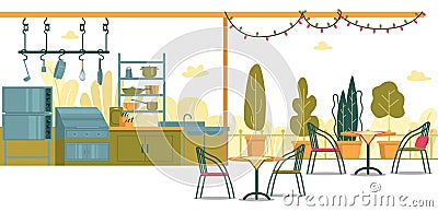 Summer Kitchen Street Cafe in Green Colors, Flat. Vector Illustration