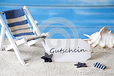 Summer Label With Deck Chair, Gutschein Means Voucher Stock Photo