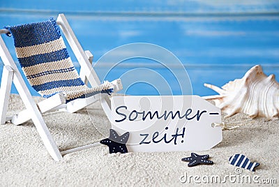 Summer Label With Deck Chair, Sommerzeit Means Summertime Stock Photo